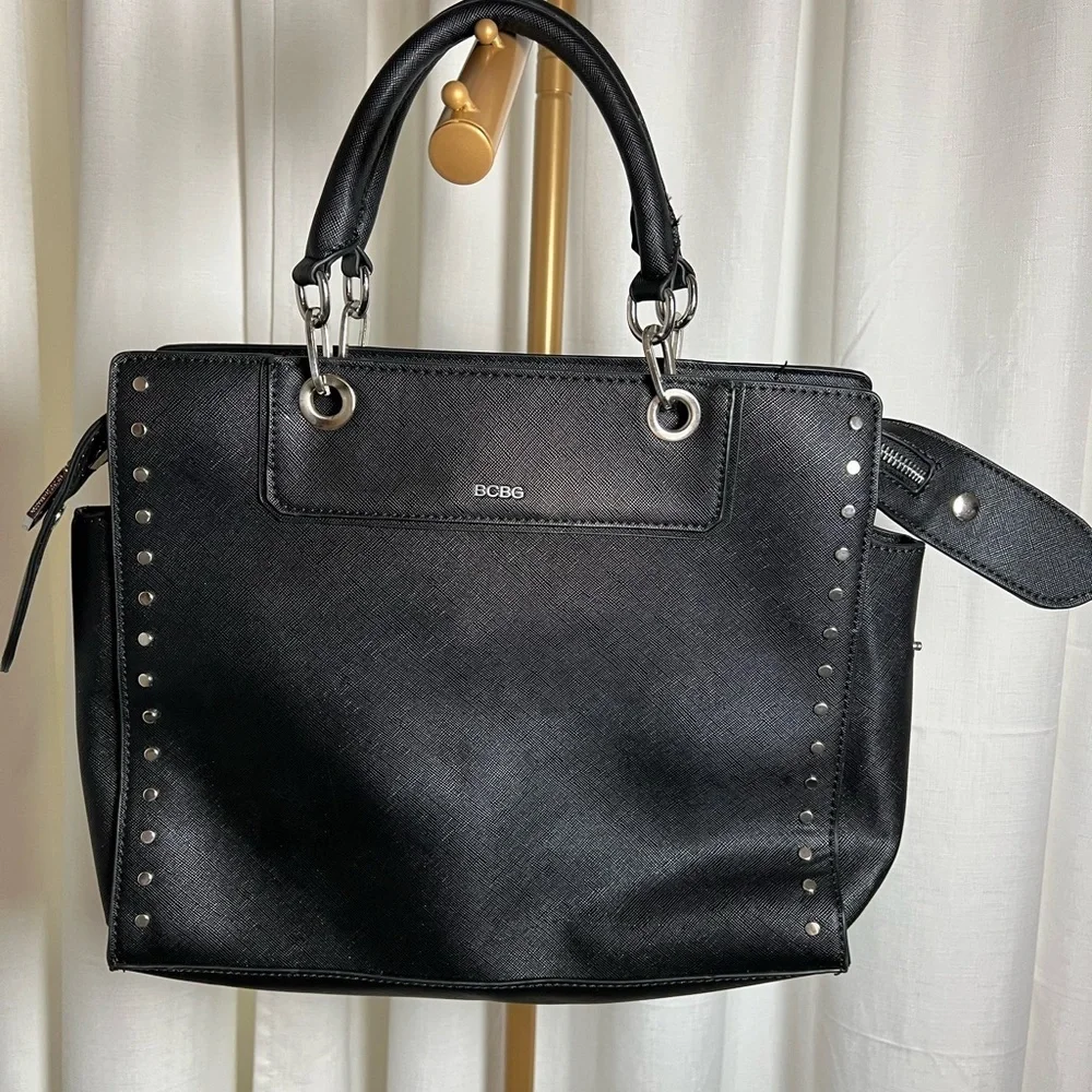 BCBG Black Satchel with Silver Studs and Structured Design